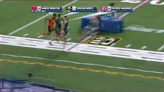 Simulcam of wirfs' 4.86 40 yard dash with mahomes' 4.80 and winstons' 4.97