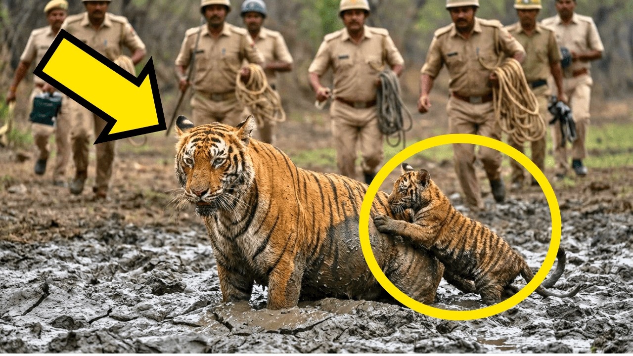A Mud Trap Was Swallowing a Pregnant Tigress — But Her Cub Refused to Leave