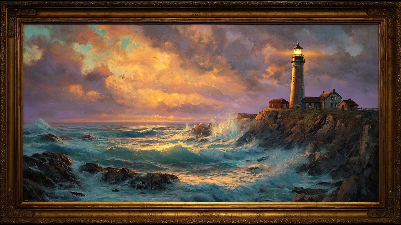Lighthouse Seascape Painting | Framed Coastal Sunset Art for TV Display | Ocean Wave Frame TV Art 4K