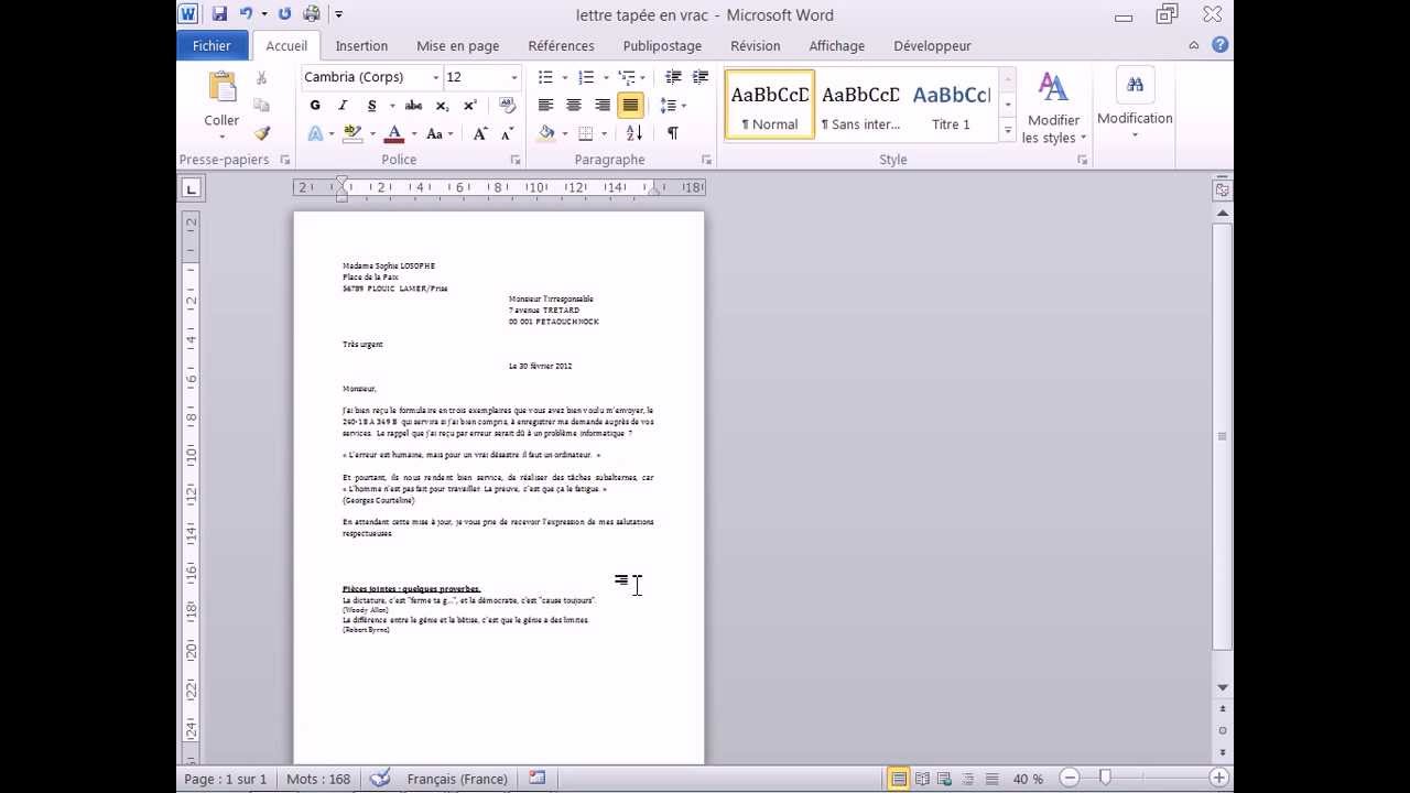 exemple de lettre word 2007