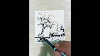Beautiful Village Landscape Drawing | Easy Pen Art for Everyone #shorts