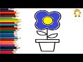 How to draw a flower in a pot. Coloring page/Drawing and painting for kids. Learn colors.