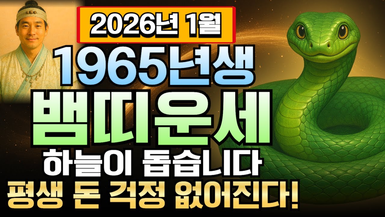 뱀띠 을사년생 2026년 1월 61세 1965년생 운세 돈의 흐름 바뀐다! 재물운 폭주하고 큰돈 쓸어담는 신년 시기, 뱀띠 억만금 향한 인생 역전 순간 놓치면 후회합니다.