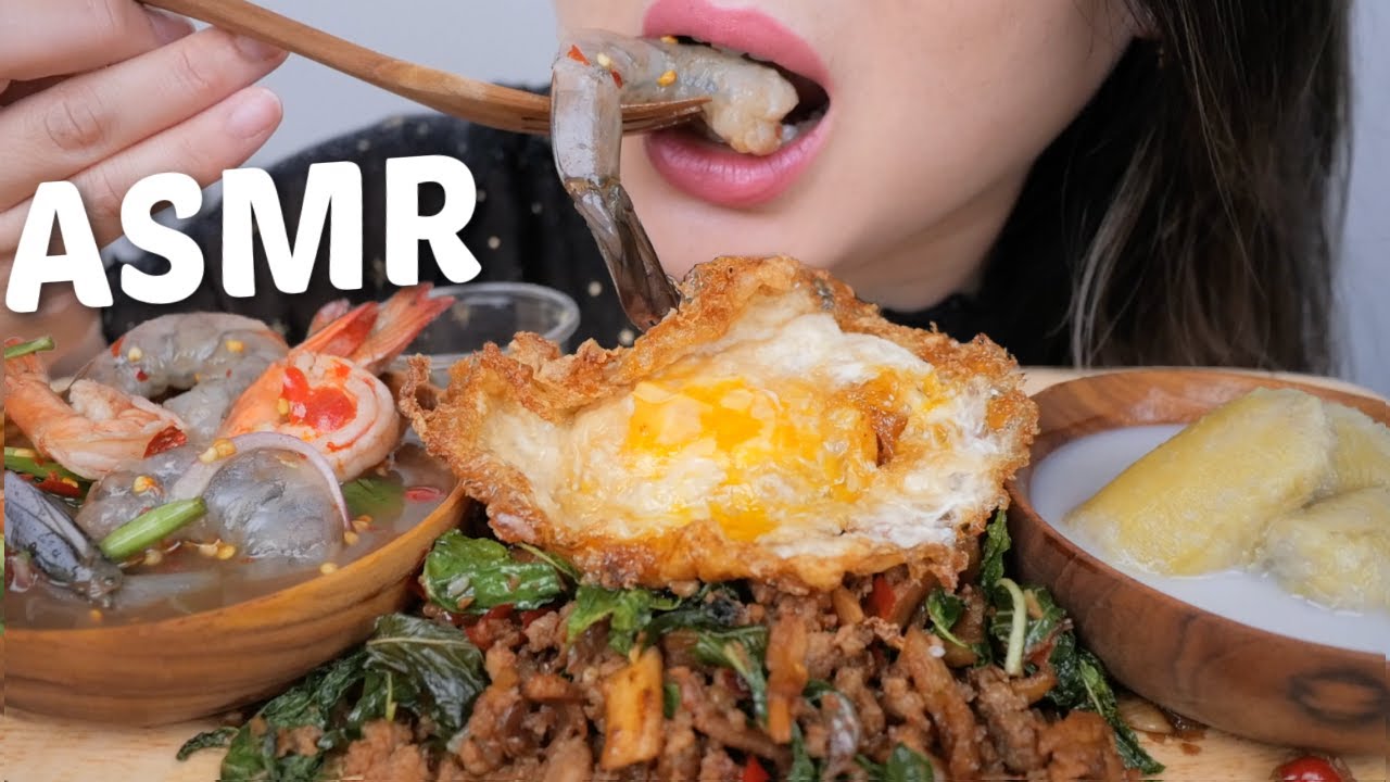 ASMR *BEST Meal Spicy Pad Kra Pao, Spicy Shrimp Salad & Warm Banana Coconut Milk Dessert NO Talking