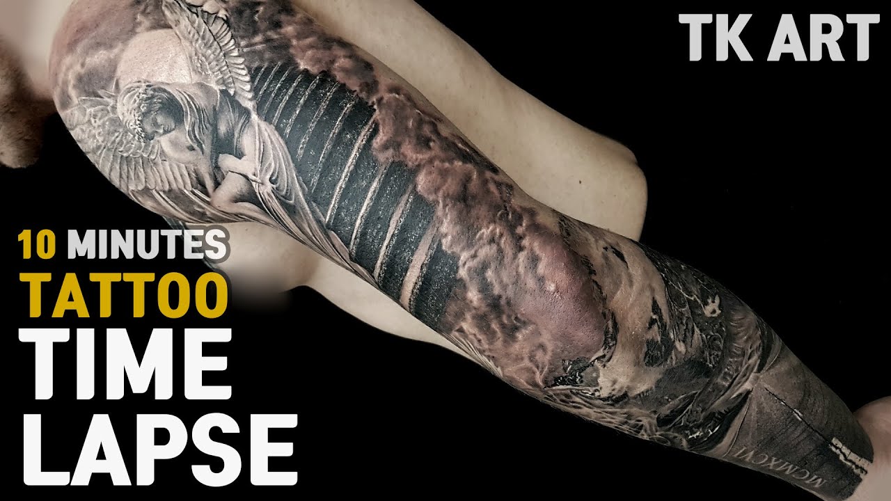 FULL SLEEVE TATTOO TIME LAPSE 10minutes / BLACK AND GERY / TK ART - YouTube