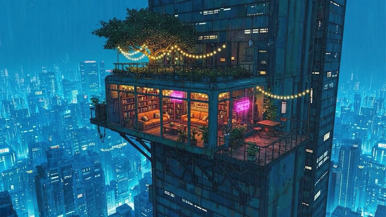 Lofi Ambient – Cozy High-Rise Cabin in Cyberpunk City Rain | Deep Focus and Sleep Ambience | 4K