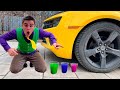 Red Man put Colored Cups under Wheels Car VS Mr. Joe on Chevrolet Camaro 13+