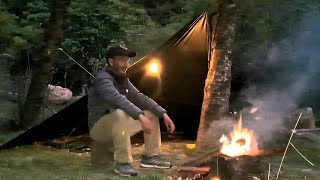 Solo Overnight Camping in the Mountain forest: Tarp Shelter, Bushcraft Camp |ASMR