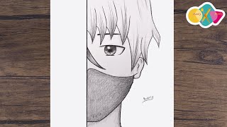 رسم انمي سهل || تعلم رسم نصف وجه ولد  انمي يرتدي كمامة | خطوة بخطوة للمبتدئين