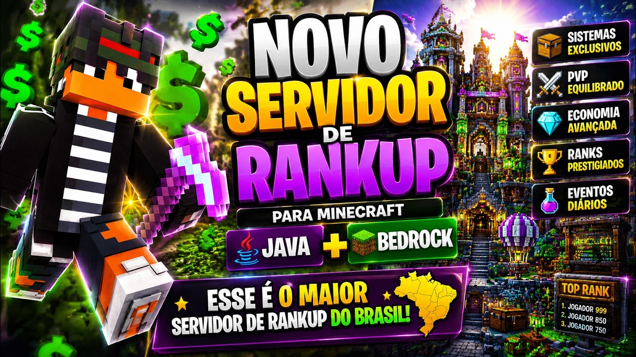 NOVO SERVIDOR de RANKUP com VIP GRATIS para MINECRAFT JAVA e BEDROCK ...