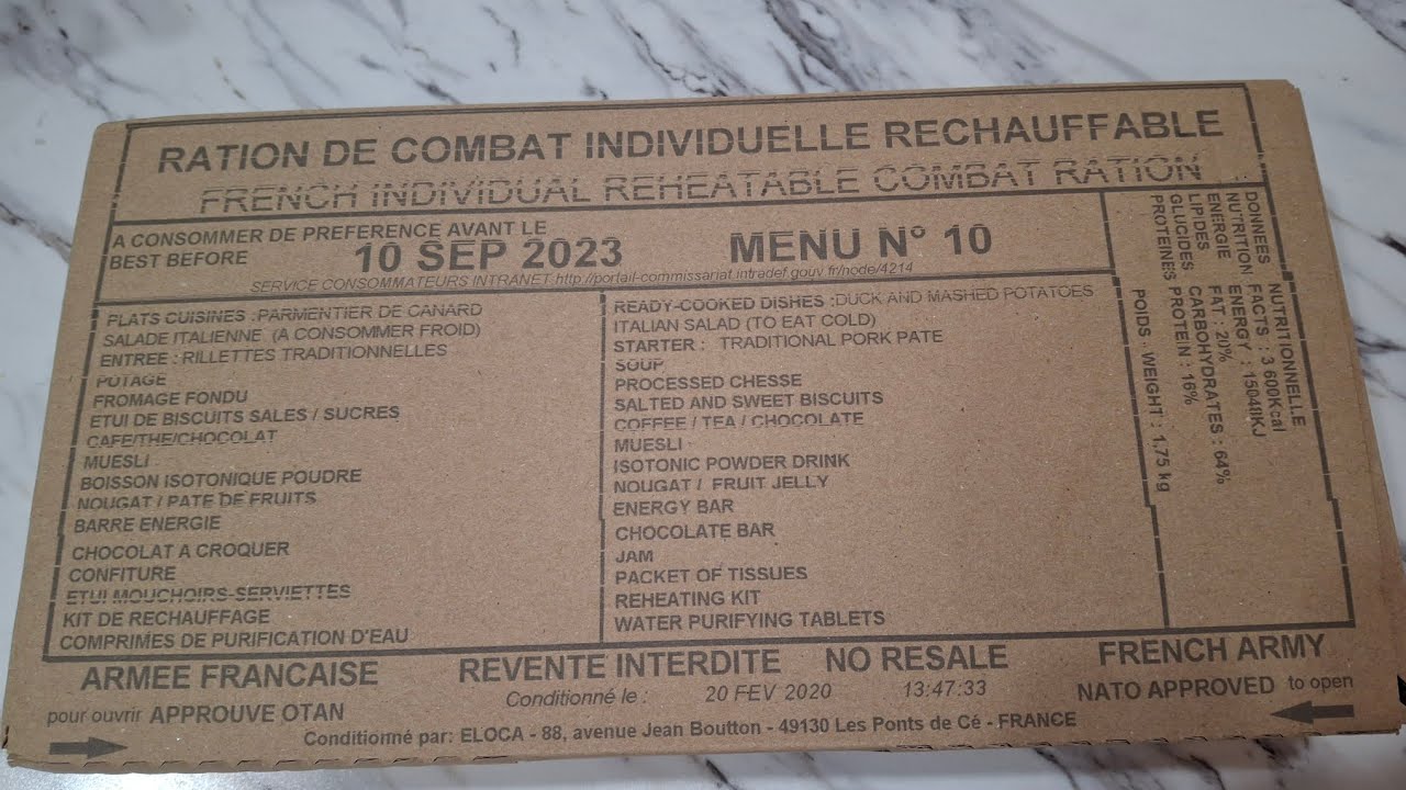 French Combat Ration French Individual Reheatable Combat Ration Menu #10 lunch/dinner - YouTube