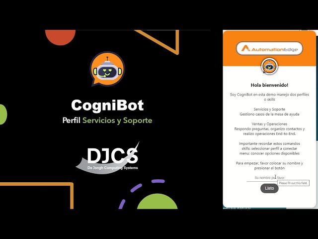 Chatbot conversacional, CogniBot de AutomationEdge, perfil Servicios y Soporte