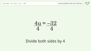 Linear equation with one unknown: Solve 2u+2(u-2)=-36 step-by-step solution