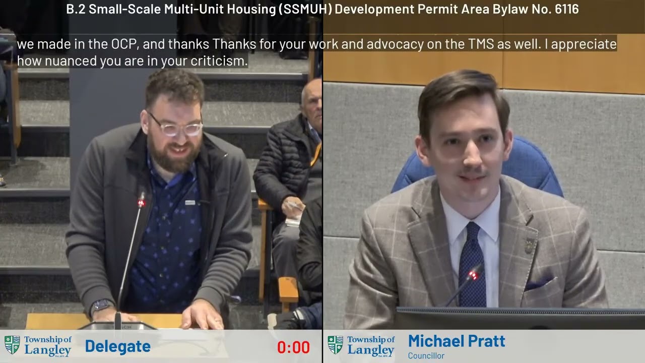 Jаmеs Hаnsеn of Strong Towns Langley speaking to Township Council at the public hearing for SSMUH Development Permit Area Bylaw No. 6116