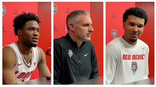 UNM Lobo coach Eric Olen and guards Deyton Albury, Chris Howell after beating UT Arlington (11/8/25)