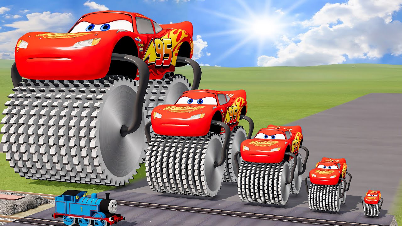 Big & Small Long Lightning Mcqueen Double Monster Saw Wheels vs Trains  BeamNG.drive