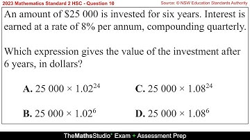 2023 Maths Standard 2 HSC Q10 Finding expression for future value of compound interest investment