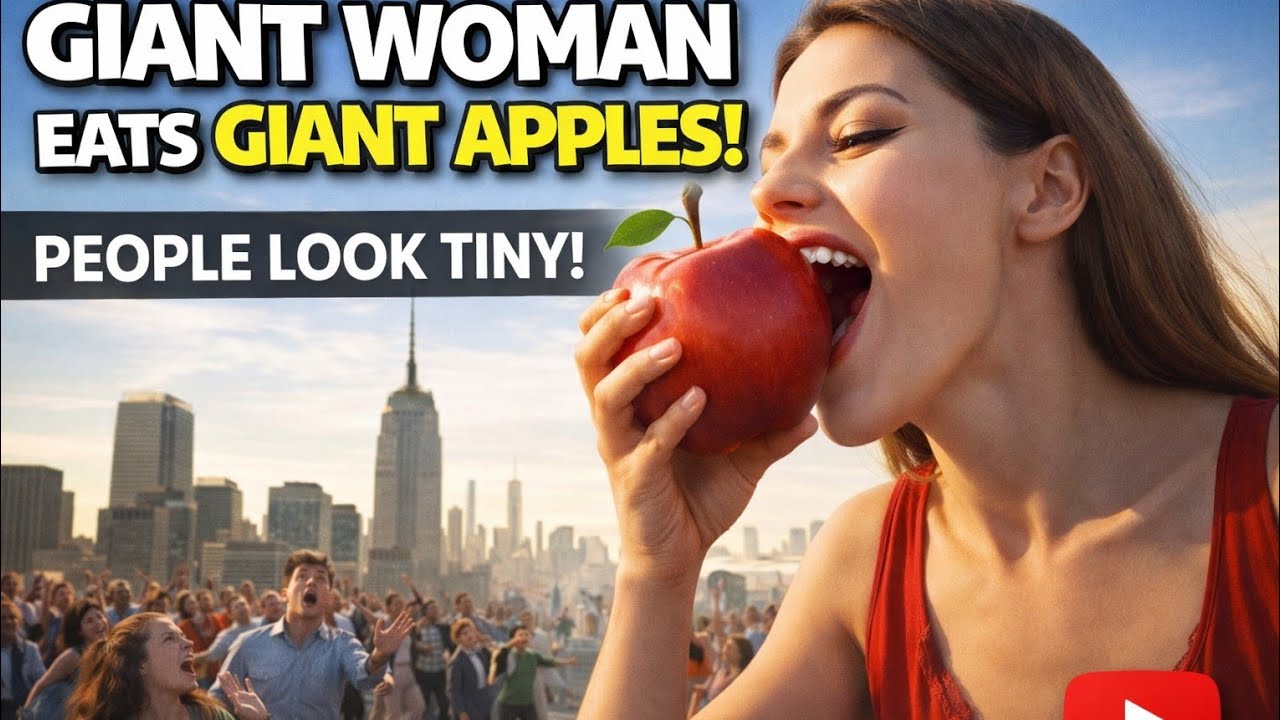 40-Foot Giant Woman Shocks City 🍎 | Unreal AI SceneA Giantess Eating Apples While