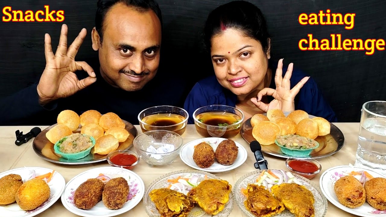 SNACKS CHICKEN PAKODA EGG DEVIL VEGETABLES CHOP FUCHKA/PANIPURI EATING CHALLENGE 