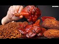 ASMR MUKBANG | SPICY BBQ CHICKEN 🍗 BLACK BEAN NOODLE DUMPLING 짜장불닭 볶음면 자메이카 통다리구이 만두카츠 소스 퐁당! 먹방