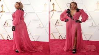 Serena Williams Slays In An Elegant Rose Pink Gown With Black Lace Gloves A High Slit At The Oscar
