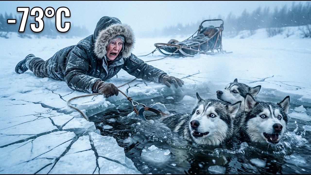 Frozen River Crossing: Ice Breaking Under Sled Dogs | 74-Year-Old Musher | The Fast Savior at -73°C