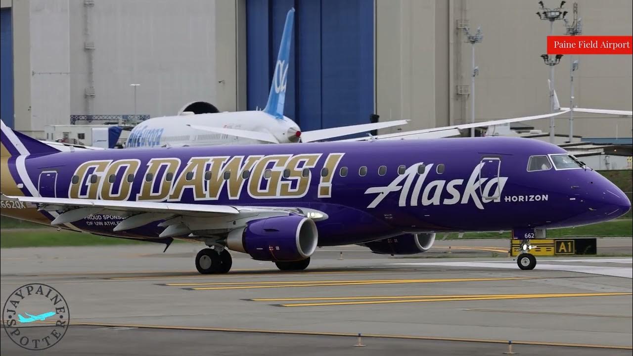 Alaska Airlines E175LR (Go Dawgs Special Livery) Takeoff From PAE To