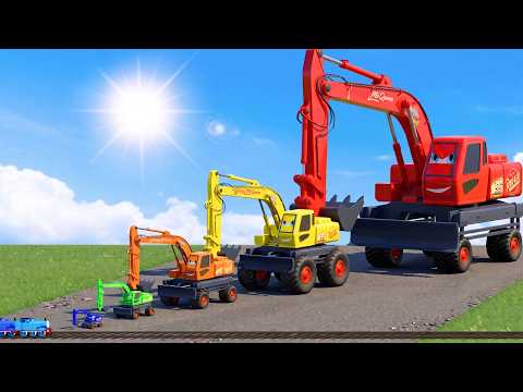 Big & Small: Colors Excavator Truck Lightning McQueen Cars vs Trains | BeamNG.drive