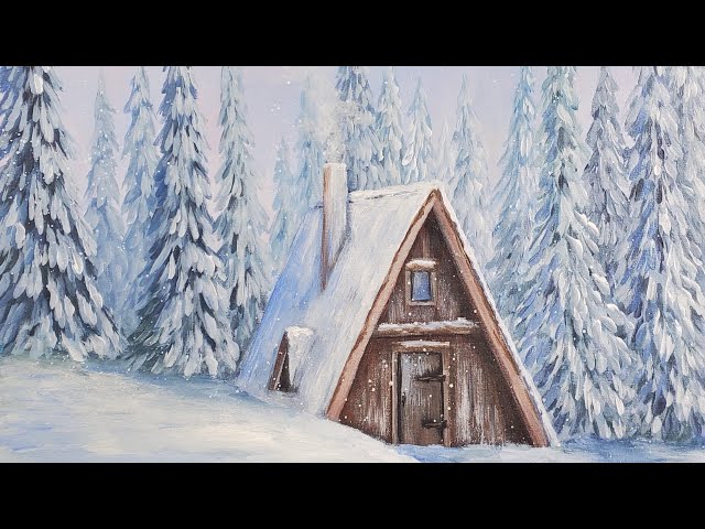 Snowy Cabin, Acrylic on 8x8 canvas ❄️ : r/painting