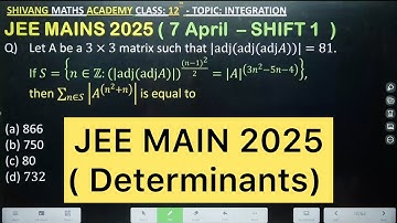 Let A be a 3×3 matrix such that |adj(adj(adj𝐴))|=81. If 𝑆={𝑛∈ℤ:(|adj(adj𝐴)|)^(((𝑛−1)^2)/2)=|𝐴|