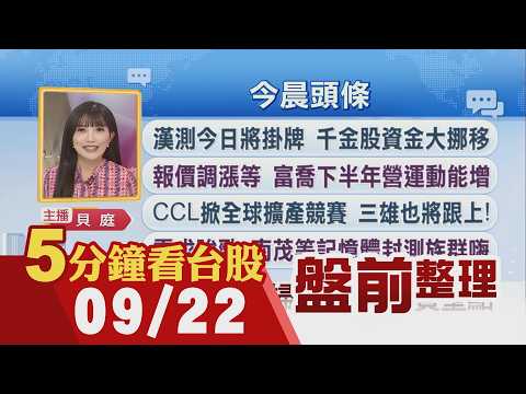 美伊.川習會在即 油價挫.美股衝!台積電A14超進度 大摩AI派對點名23檔!聯發科創天價市值破8兆 外資喊6800元!華星光奪邁威爾大單｜主播貝庭 ｜【5分鐘看台股】20260922｜非凡財經新聞