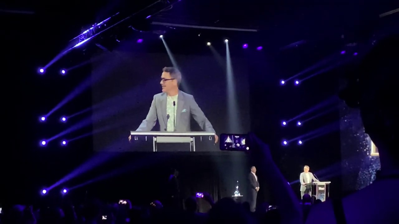 mainlander Robert Downey Jr being honored as a Disney Legend at the D23 Expo