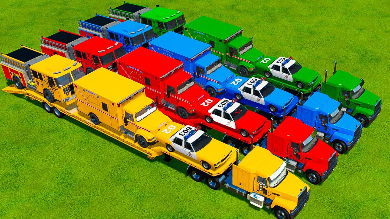 TRANSPORTING POLICE CARS, AMBULANCE & FIRE ENGINES WITH MERCEDES TRUCKS! Farming Simulator 22