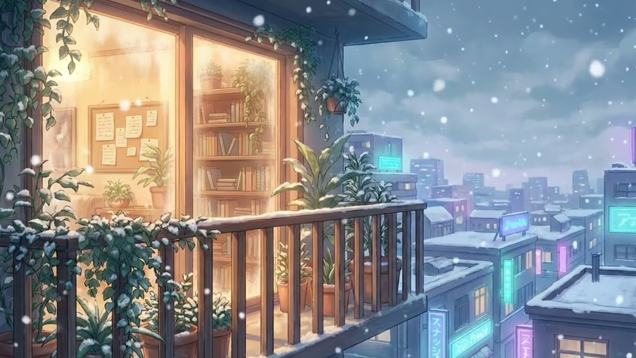 Quiet Snowfall Over Neon City ❄️🌃 – anime lofi winter vibes
