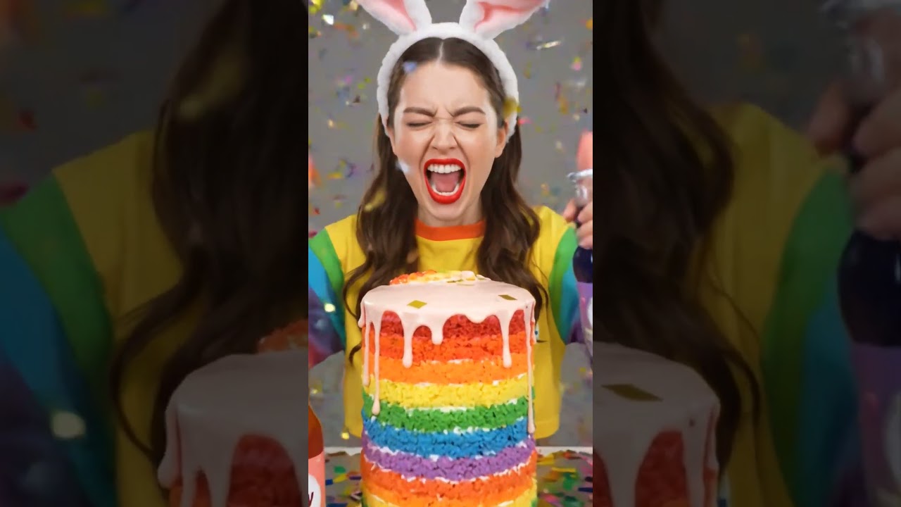 Девушка с розово-фиолетовыми волосами, напитки со вкусом вишни/яблока/черники, радужный торт.