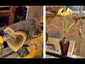 Woodturning a piece of laburnum into a flower vase / weed pot.