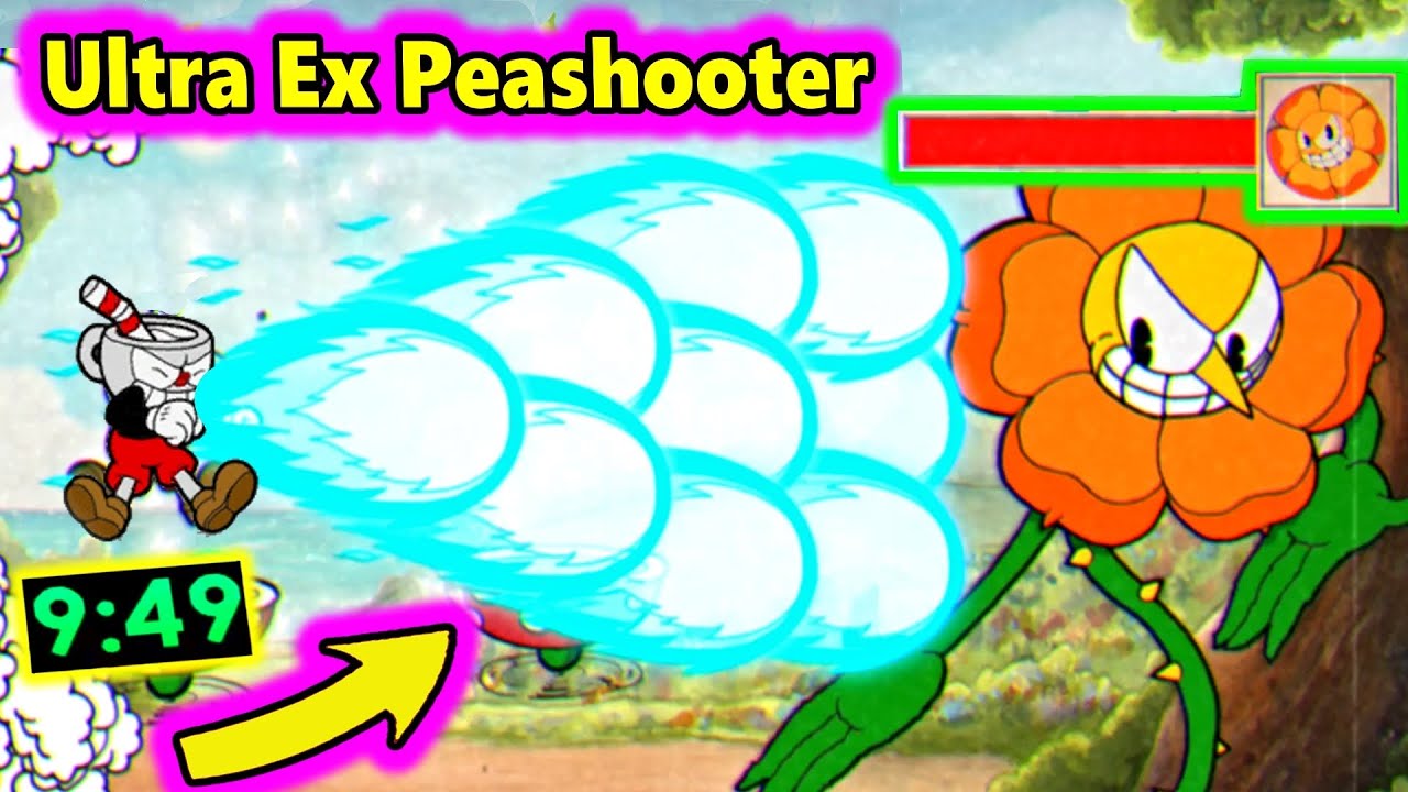 Cuphead + DLC — скоростное прохождение всех боссов с помощью Ultra Ex Peashooter (полоски здоровь...