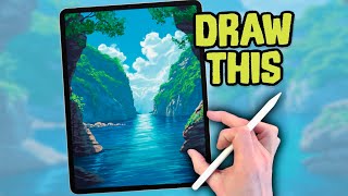 PROCREATE DRAWING Tutorial LANDSCAPE in Easy STEPS - Sea Cliffs