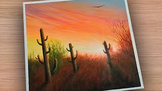 Como Pintar Paisaje De Atardecer Con Cactus En Acrilico Paso A Paso