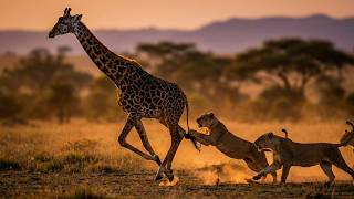 Giraffe Hunted by Lions