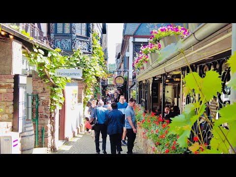 Rüdesheim am Rhein (Germany) 4K walking tour 2022 - Drosselgasse, historic city center, street music