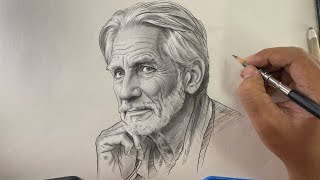 Draw an Old man's portrait with graphite pencil techniques
