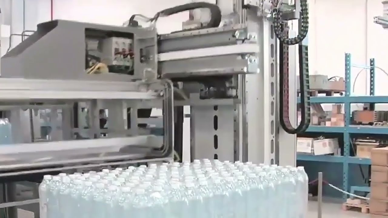 Water bottles film wrapping packaging palletizing stacking line