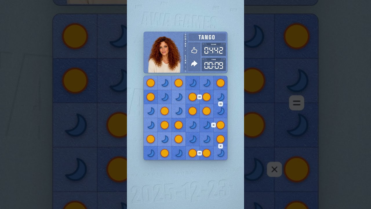 LinkedIn Tango #442 solved board for December 23, 2025, 6x6 grid