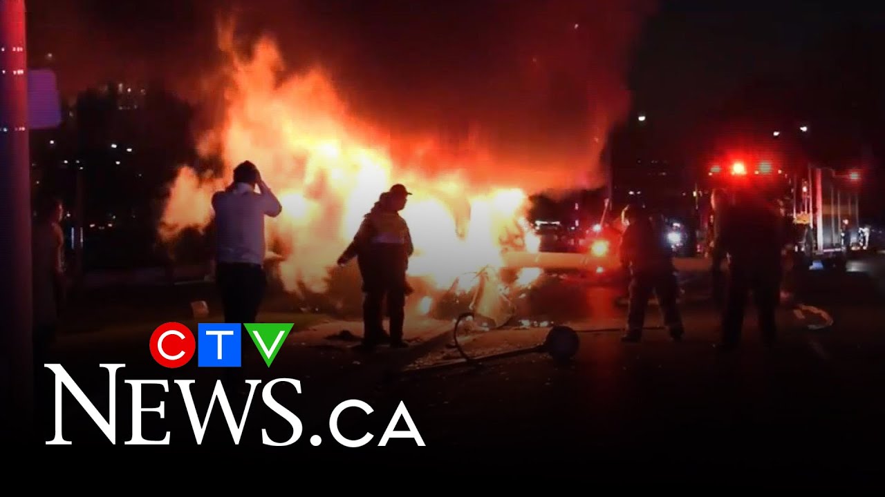 Man rushed to hospital after fiery crash in Toronto - YouTube