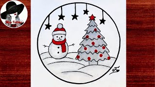 Very Easy Christmas Drawing | Christmas Scenery Drawing Step By Step | Christmas Tree Drawing