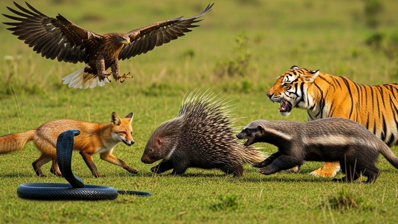 Porcupine vs Honey Badger, Tiger, Fox, Eagle, Cobra Attack and LOSE