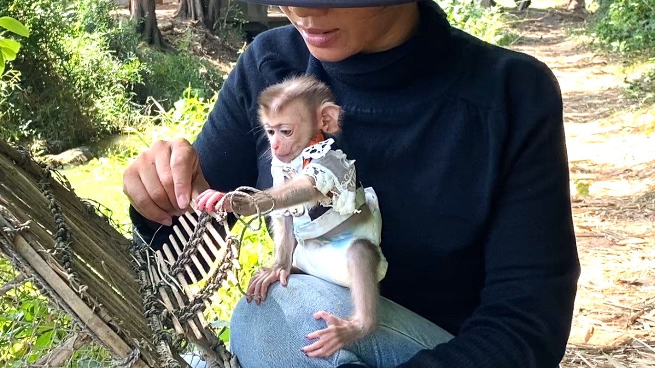 So Happy !! Mom Take Her Adorable Baby LIORA To Look At Fishing Gear In The Lake
