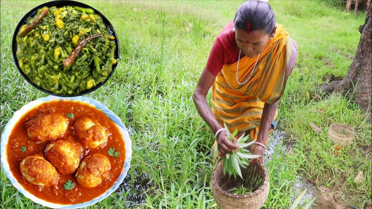 Grandma Harvests Kulke Shak from the Field and Prepares Shak Vaji with Egg Curry for Lunch