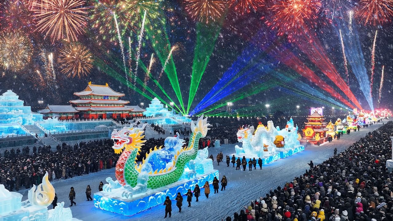China Harbin Ice Festival Parade | Massive Floats, Fireworks & Laser Show |  BIGGEST ON EARTH